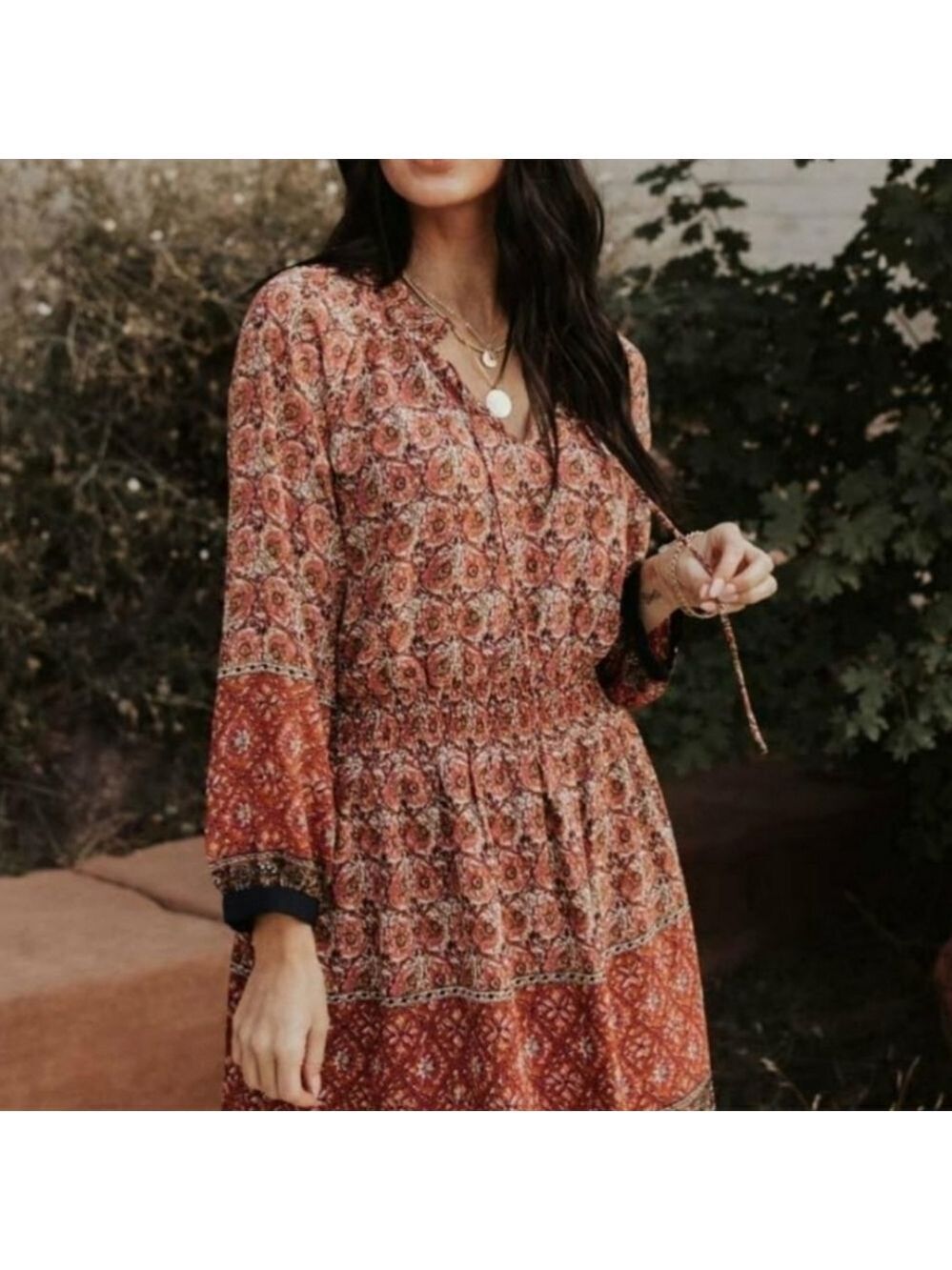 Bohme Bohemian Patterned Dress Sz. MED Fall, Floral, smocked waist